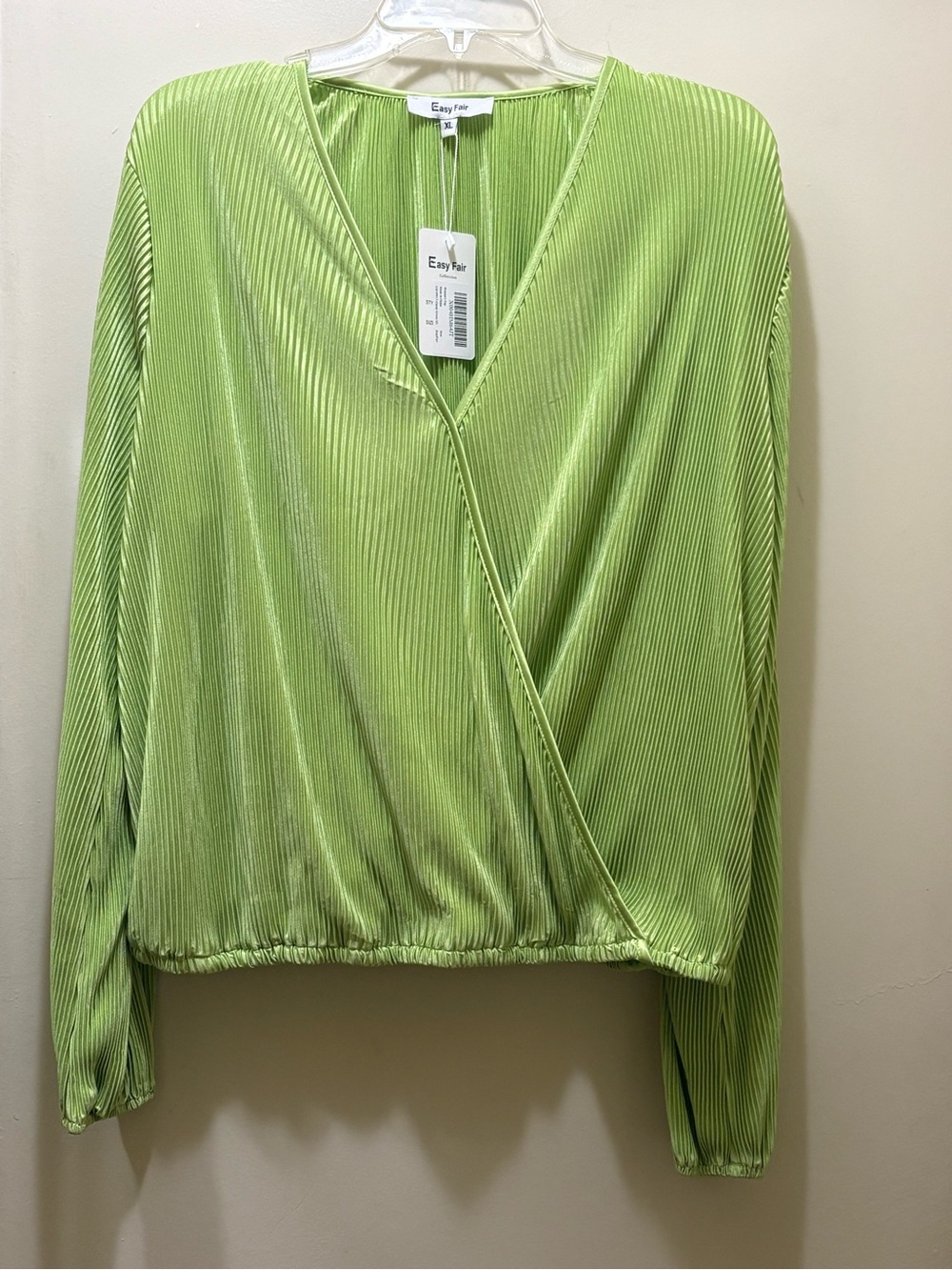 Lime Green Pleated Wrap-Front Long Sleeve Top